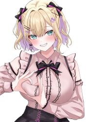 1girl absurdres akue black_bow black_bowtie black_skirt blonde_hair blush bow bowtie breasts center_frills clothing_cutout colored_inner_hair deep_skin earrings four-finger_heart_hands frills green_eyes grin hair_intakes hair_ornament hairclip heart heart-shaped_boob_challenge heart_earrings heart_hair_ornament heart_hands heart_in_eye high-waist_skirt highres jewelry jirai_kei kurumi_noah large_breasts long_sleeves looking_at_viewer multicolored_hair pink_shirt purple_hair shirt short_hair shoulder_cutout simple_background single_earring skirt smile solo symbol_in_eye two-sided_bow upper_body virtual_youtuber vspo! white_background wing_collar x_hair_ornament
