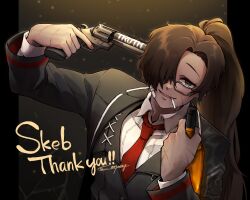 Rule 34 | 1girl, absurdres, black coat, black vest, bottle, brown hair, cigarette, coat, collared shirt, commission, gun, gun to head, handgun, high ponytail, highres, holding, holding bottle, holding gun, holding weapon, lapels, lcb uniform (project moon), limbus company, long hair, looking at viewer, necktie, notched lapels, open mouth, original, parted bangs, ponytail, project moon, red necktie, revolver, shirt, skeb commission, smile, solo, very long hair, vest, weapon, white shirt, yatsumeunagi
