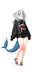 1girl alternate_costume black_choker black_hoodie blue_eyes blue_hair choker fins fish_tail full_body gawr_gura hair_ornament high_heel_sandals highres hololive hololive_english hood hoodie long_hair multicolored_hair sansha_art shark_girl shark_hair_ornament shark_print shark_tail simple_background solo standing streaked_hair tail two_side_up virtual_youtuber white_background