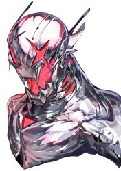1other absurdres commentary cropped_shoulders fangs highres humanoid_robot marvel nameno92372763 open_mouth red_eyes robot scar scar_across_eye scar_on_face simple_background solo ultron white_background