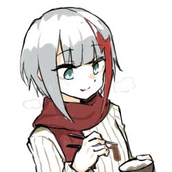 1girl admiral_graf_spee_(azur_lane) azur_lane bowl chopsticks eating green_eyes highres holding holding_bowl holding_chopsticks missed_timing multicolored_hair red_hair red_scarf scarf short_hair simple_background solo streaked_hair sweater upper_body white_background white_hair yellow_sweater