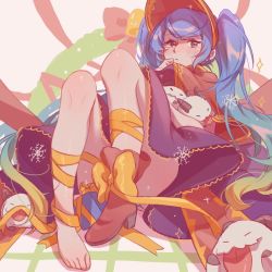1girl bare_legs blue_eyes blue_hair blush box dress gift gift_box gift_wrapping hair_between_eyes league_of_legends leaning_back leg_wrap long_hair looking_at_viewer multicolored_hair poro_(league_of_legends) purple_dress red_headwear red_shoes ruan_chen_yue shoes silent_night_sona single_shoe sitting solo sona_(league_of_legends) twintails very_long_hair