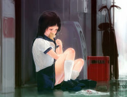 Rule 34 | 1girl, animal, animal in clothes, baby animal, bad id, bad pixiv id, black eyes, black hair, blouse, blue shoes, can, cat, covered mouth, drink can, female focus, half-closed eyes, kitten, kneehighs, miniskirt, original, oshou (classic1418408), oshou (pixiv232198), outdoors, panties, pantyshot, rain, school uniform, serafuku, shirt, shoes, sitting, skirt, socks, soda can, solo, under shirt, underwear, upskirt, wet, wet clothes, wet shirt, white shirt, white socks