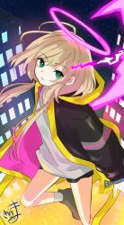 1girl ahoge black_jacket black_shoes black_shorts brown_hair closed_mouth commentary_request elle_(monster_strike) glowing green_eyes grey_socks hair_between_eyes halo highres hood hood_down hooded_jacket jacket kiritoma long_hair looking_at_viewer low_twintails monster_strike open_clothes open_jacket shoes short_shorts shorts signature socks solo twintails very_long_hair