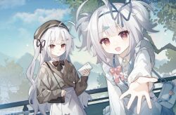 Rule 34 | 2girls, ahoge, akira (ying), bag, beret, black bow, black ribbon, blue bow, blue ribbon, bow, bowtie, brown jacket, closed mouth, cloud, day, dress, hair ornament, hair ribbon, hairclip, handbag, hat, highres, holding, jacket, koxia (memories of the winter tree), long hair, long sleeves, looking at viewer, memories of the winter tree, multiple girls, official art, open mouth, outdoors, red eyes, ribbon, shirt, shoulder bag, skirt, sky, smile, tree, two side up, upper body, white hair, white shirt, x hair ornament, xiaoyi (memories of the winter tree)
