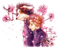 2boys animal_ears blazer cherry_blossoms closed_eyes closed_mouth commentary_request dog_boy dog_ears facing_another furry furry_male gavadon_(artist) highres jacket kyouji_takahara lion_boy lion_ears male_focus morenatsu multiple_boys school_uniform soutarou_touno upper_body white_background