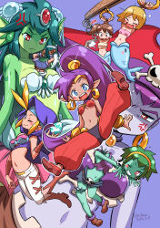 1boy 6+girls absurdres anger_vein angry arabian_clothes arms_up artist_name bandeau bare_arms bare_shoulders between_breasts bikini blonde_hair blue_background blue_bandeau blue_capelet blue_eyes blue_headband blue_shorts blue_skin bolo_(shantae) boots bound bound_wrists bracer breasts brown_boots brown_eyes brown_hair capelet cleavage closed_eyes closed_mouth colored_skin commentary dated disembodied_head earrings egg egg_earrings fins fish flying_sweatdrops gem gem_hair_ornament giant giantess giga_mermaid green_gemstone green_skin grin hairband hand_up harem_pants hat hat_ornament head_fins headband high_heel_boots high_heels high_ponytail highres holding holding_detached_head holding_egg hoop_earrings isedaichi_ken jewelry large_breasts long_hair looking_at_another looking_at_viewer looking_down medium_breasts monster_girl multiple_girls navel o-ring o-ring_top one_eye_closed open_hands outstretched_arms pants person_between_breasts pink_bandeau pirate_hat pointy_ears ponytail puff_of_air purple_bandeau purple_hair purple_tank_top red_bandeau red_eyes red_gemstone red_pants red_shoes restrained risky_boots rottytops shaded_face shantae shantae:_half-genie_hero shantae_(series) shell shell_bikini shirt shoes short_hair short_shorts shorts side_ponytail skull_earrings skull_hat_ornament sky_(shantae) small_breasts smile stitches swimsuit tank_top twitter_username upside-down v-shaped_eyebrows very_long_hair wavy_mouth white_bandeau white_pants white_shirt yellow_hairband zombie