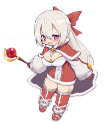 1girl blush bow breasts cape cleavage commentary_request cross cross_necklace dress fang full_body fur-trimmed_cape fur-trimmed_dress fur_trim garter_straps gem gloves grey_cape grey_hair hair_between_eyes hair_bow half_updo highres holding holding_staff jewelry large_breasts long_hair looking_at_viewer necklace official_alternate_costume open_mouth orange_brooch orange_gemstone pink_hair rafoll ragnarok_online red_bow red_cape red_dress red_gloves red_thighhighs short_dress simple_background skin_fang smile solo staff thighhighs two-sided_cape two-sided_fabric two-tone_dress warlock_(ragnarok_online) white_background white_dress