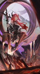 1girl absurdres arknights bare_shoulders black_dress black_thighhighs breasts chain chest_strap cleavage closed_mouth demon_girl demon_horns detached_collar dress film_grain from_below full_body hair_between_eyes hair_intakes high_heels highres holding holding_sword holding_weapon horns infection_monitor_(arknights) jacket large_breasts lava long_hair long_sleeves looking_at_viewer parted_lips purple_eyes red_hair rock scenery sitting solo surtr_(arknights) sword teeth tekukooo thighhighs very_long_hair weapon