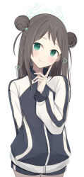 1girl :q absurdres airi_(blue_archive) black_jacket blue_archive blush brown_hair commentary double_bun green_eyes green_halo hair_bun halo hanasaki_rin heart highres jacket long_sleeves looking_at_viewer side_up_bun simple_background sleeves_past_wrists solo tongue tongue_out white_background