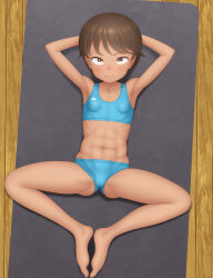 1girl abs absurdres armpits arms_behind_head arms_up bare_legs barefoot breasts brown_eyes brown_hair closed_mouth feet female_focus full_body gluteal_fold highres looking_at_viewer lying navel on_back original paid_reward_available sc_naru short_hair small_breasts solo sports_bra thighs tomboy toned toned_female toned_stomach track_uniform