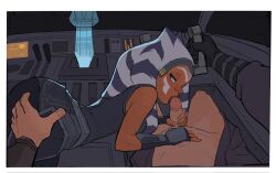 1boy 1girl ahsoka_tano alien amugea blue_eyes border colored_skin fellatio grabbing_another&#039;s_ass groping hetero highres interspecies oral orange_skin outside_border pov spacecraft_interior star_wars togruta white_border