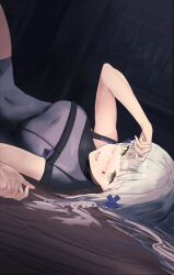 1girl absurdres blue_dress blush breasts covered_navel dress drunk girls&#039;_frontline girls&#039;_frontline_2:_exilium green_eyes hair_ornament hairclip highres hk416_(girls&#039;_frontline) klukai_(girls&#039;_frontline_2) long_hair looking_at_viewer lying medium_breasts on_floor open_mouth shenme_niao_mingzi simple_background smile solo tattoo teardrop_facial_mark teardrop_tattoo white_hair