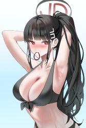 1girl absurdres bikini black_bikini black_hair blue_archive blush breasts cleavage emduck hair_ornament hairpin halo highres large_breasts long_hair red_eyes rio_(blue_archive) solo swimsuit upper_body