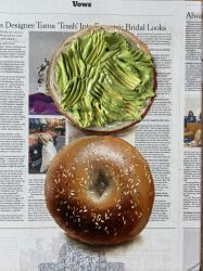 absurdres avocado bagel food food_focus highres impasto julia_stankevych newspaper no_humans oil_painting_(medium) original painting_(medium) photo_(medium) realistic sesame_seeds signature still_life traditional_media wall_of_text