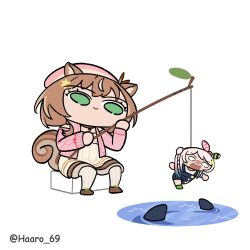 airani_iofifteen airani_iofifteen_(1st_costume) animal_ears ayunda_risu ayunda_risu_(1st_costume) bait beret blue_hair bow_hairband brown_choker brown_hair cable_knit cardigan chibi chibi_only choker dress fishing_rod gradient_hair green_eyes green_hairband haaro hair_bun hair_ornament hairband hairclip hat highres holding holding_fishing_rod hololive hololive_indonesia leaf_hair_ornament long_hair mini_person minigirl multicolored_hair pink_cardigan pink_hair pink_hairband pink_hat shark short_dress side_ponytail side_up_bun smile squirrel_ears squirrel_girl squirrel_tail streaked_hair tail twitter_username virtual_youtuber white_dress white_hair wide_oval_eyes