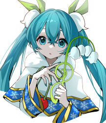 Rule 34 | 1girl, absurdres, aqua eyes, aqua hair, aqua nails, artist name, capelet, commentary, cropped torso, flower, fur-trimmed capelet, fur trim, gold trim, green ribbon, hair flower, hair ornament, hatsune miku, highres, holding, holding flower, lily of the valley, looking at viewer, myuga66666, parted lips, ribbon, snowflake print, solo, treble clef, twintails, upper body, vocaloid, white background, white capelet, white flower, yuki miku, yuki miku (2015)
