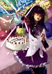 10s 1girl akemi_homura akemi_homura_(magical_girl) argyle_clothes argyle_pantyhose balloon birthday black_hair black_pantyhose blackrabbitsoul braid cake female_focus food glasses hair_ribbon hairband highres long_hair magical_girl mahou_shoujo_madoka_magica mahou_shoujo_madoka_magica_(anime) pantyhose party_favor pleated_skirt purple_eyes red-framed_eyewear ribbon skirt solo twin_braids