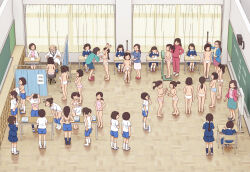 1boy 6+girls blue_shirt blue_shorts blue_skirt breasts brown_hair classroom curtains doctor dressing from_above gym_uniform highres indoors kiyo_(kyokyo1220) medical_examination multiple_girls nipples original panties pleated_skirt ponytail school_uniform shirt shorts skirt stadiometer standing stethoscope tape_measure teacher topless_female underwear undressing weighing_scale white_panties white_shirt