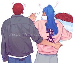 2boys anger_vein blue_hair bottle bouquet buggy_the_clown facing_away flower from_behind grey_jacket hand_on_another&#039;s_waist happy_valentine holding holding_bottle holding_bouquet jacket long_sleeves male_focus multiple_boys one_piece pink_jacket ponytail red_hair shanks_(one_piece) simple_background vamos_mk white_background yaoi