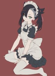 1girl alternate_costume apron black_hair dress enmaided frilled_dress frills green_eyes hair_ribbon highres maid maid_apron maid_headdress marie_(pixiv59672544) marnie_(pokemon) nintendo pokemon pokemon_swsh red_background ribbon simple_background sitting solo thighhighs twintails white_thighhighs yokozuwari zettai_ryouiki