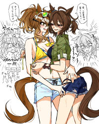 2girls ? ?? agnes_tachyon_(lunatic_lab)_(umamusume) agnes_tachyon_(umamusume) ahoge animal_ears bikini bikini_under_clothes black_bikini blush breasts brown_hair cleavage cowboy_shot cutoffs denim denim_shorts didi_(whaqlrpwjd) emphasis_lines eye_contact eyewear_on_head face-to-face fang green_jacket hair_ornament half-closed_eyes hand_on_another&#039;s_back highres horse_ears horse_girl horse_tail jacket jungle_pocket_(tobasuze_hot_summer!)_(umamusume) jungle_pocket_(umamusume) looking_at_another loose_bikini male_swimwear multiple_girls open_mouth ponytail red_eyes short_hair short_ponytail short_sleeves shorts small_breasts smile sunglasses sweat swim_trunks swimsuit tail tied_jacket umamusume yellow_bikini yellow_eyes yuri
