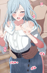 1boy 1girl against_glass arimon_(dfrgty12) bare_shoulders belt black_belt blue_eyes blue_hair blue_skirt breasts buttons clothed_female_nude_male clothed_sex clothes_lift collarbone commentary_request completely_nude cowboy_shot eyes_visible_through_hair hair_over_one_eye hands_on_another&#039;s_waist hands_up hetero highres hinomori_shizuku indoors long_hair looking_at_another nude off-shoulder_shirt off_shoulder open_mouth pinstripe_pattern pinstripe_skirt project_sekai sex sex_from_behind shirt shirt_tucked_in skirt skirt_lift small_breasts solo_focus sound_effects standing standing_sex teeth tongue translation_request white_background