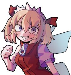 1girl blonde_hair blush bow clenched_hand commentary_request cookie_(touhou) grin hair_bow looking_at_viewer purple_eyes purple_shirt qrteg87yhl16571 red_bow red_sweater_vest sharp_teeth shiriri_saikyo shirt short_hair simple_background smile solo sunny_milk sweater_vest teeth touhou two_side_up upper_body white_background zipper
