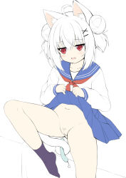 1girl ahoge animal_ear_fluff animal_ears black_socks blue_sailor_collar blue_skirt blush cat_ears cat_girl cat_tail clothes_lift commentary double_bun fang gluteal_fold hair_between_eyes hair_bun hair_ornament hairclip highres knee_up lifting_own_clothes long_sleeves looking_to_the_side navel neckerchief no_panties no_shoes open_mouth original pleated_skirt pubic_stubble puffy_long_sleeves puffy_sleeves pussy red_eyes red_neckerchief sailor_collar sakuraba_hikaru_(loveindog) school_uniform serafuku shirt simple_background sitting skirt skirt_lift sleeves_past_wrists socks solo tail two_side_up white_background white_hair white_shirt x_hair_ornament