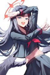 Rule 34 | 1girl, absurdres, black hair, black sailor collar, black shirt, black skirt, black wings, bloom muchi, blue archive, blue eyes, blunt bangs, feathered wings, hair ornament, hairclip, highres, ichika (blue archive), long hair, looking at viewer, navel, open mouth, red ribbon, ribbon, sailor collar, shirt, sidelocks, skirt, teeth, upper teeth only, wings