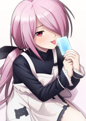 1girl apron chaos;child commentary_request food hair_over_one_eye highres holding holding_food holding_popsicle long_hair looking_at_viewer low_ponytail minamisawa_senri pink_hair ponytail popsicle red_eyes smug solo taba_neruko tongue tongue_out white_apron