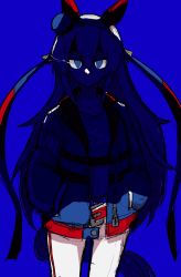 1girl absurdres animal_ears bad_id bad_twitter_id blue_background blue_eyes closed_mouth ear_covers eye_trail hair_between_eyes hairband hands_in_pockets hattori_(omegamega1001) highres horse_ears horse_girl horse_tail jacket light_trail lightning_bolt_symbol long_hair long_sleeves looking_at_viewer pants simple_background solo tail tamamo_cross_(umamusume) umamusume very_long_hair white_pants