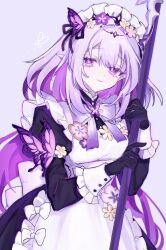 1girl absurdres alternate_costume apron black_dress black_gloves bow bowtie bubbles_(shallows_o0) castorice_(honkai:_star_rail) commentary_request cowboy_shot dress enmaided flower gloves highres holding honkai:_star_rail honkai_(series) juliet_sleeves long_hair long_sleeves looking_at_viewer maid maid_headdress pink_flower pointy_ears puffy_sleeves purple_background purple_bow purple_bowtie purple_eyes purple_flower purple_hair simple_background smile solo standing very_long_hair white_apron white_flower