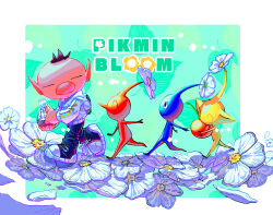 1boy ^_^ alternate_costume bad_tag big_nose black_eyes black_pants black_shoes blue_pikmin blue_skin border brown_hair casual cherry closed_eyes colored_skin copyright_name denim expressionless flower food fruit green_background highres holding holding_food holding_fruit hood hood_down hoodie jeans leaf leaf_background light_blush long_sleeves nintendo olimar outside_border oversized_food oversized_object pants parted_lips petals pikmin_(creature) pikmin_(series) pikmin_bloom pointy_ears pointy_nose puffy_long_sleeves puffy_sleeves red_pikmin red_skin shoes short_hair sneakers triangle_mouth very_short_hair walking white_border white_flower white_hoodie yellow_pikmin yellow_skin yu_pikmin
