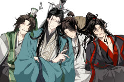 4boys ahoge aqua_hanfu bandaged_neck bandages black_hair black_hanfu brown_hair chinese_clothes closed_eyes closed_mouth collarbone creator_connection crossed_arms crossed_legs crossover folded_fan folding_fan green_hanfu green_ribbon hair_bun hair_ribbon hand_fan hanfu hat hat_on_back high_ponytail highres holding holding_fan huadian leaning_on_person long_hair long_sleeves male_focus modao_zushi multiple_boys open_mouth parted_bangs parted_lips pectoral_cleavage pectorals ponytail red_ribbon renzha_fanpai_zijiu_xitong ribbon ribboned_xiao_guan rice_hat robe ronpu_cooing shang_qinghua shen_qingqiu sidelocks simple_background single_hair_bun sleeping sleeping_upright smile tianguan_cifu topknot unworn_hat unworn_headwear wei_wuxian white_background white_hanfu wide_sleeves xiao_guan_(headdress) xie_lian zzz