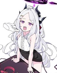1girl ahoge black_halo blue_archive breasts demon_girl demon_horns demon_wings fang halo highres hina_(blue_archive) horns long_hair looking_at_viewer open_mouth pearlgang_e purple_eyes skirt small_breasts solo standing table white_hair wings