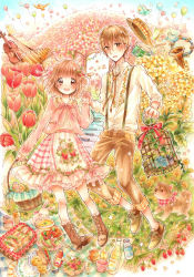 1boy 1girl absurdres balloon bird birdcage blunt_bangs blush bread brown_eyes brown_hair cage cheese dog dress flower food food-themed_hair_ornament fruit hair_ornament hat unworn_hat unworn_headwear highres holding holding_hands instrument kotori_hana looking_at_viewer marker_(medium) musical_note open_mouth original picnic_basket pink_dress pink_ribbon rabbit ribbon shirt short_hair soup strawberry suspenders traditional_media tulip violin white_shirt xylophone