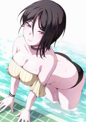 1girl ass asymmetrical_hair bang_dream! bare_back bare_shoulders bikini black_bikini black_choker black_hair bracelet breasts butt_crack choker cleavage hair_between_eyes highres jewelry kitayu large_breasts looking_at_viewer pink_eyes pool short_hair sign solo swimsuit water wet yashio_rui