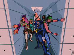2boys 3girls black_hair blue_eyes dark-skinned_female dark_skin ermes_costello fishnet_top fishnets foo_fighters_(jojo) green_eyes green_hair green_lips hat hhuney highres horns jamiroquai jojo_no_kimyou_na_bouken kuujou_jolyne medium_hair multicolored_hair multiple_boys multiple_girls narciso_anasui pink_hair purple_eyes purple_lips short_hair stone_ocean weather_report