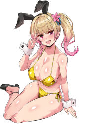 1girl animal_ears bare_shoulders bikini blonde_hair breasts character_request copyright_request covered_erect_nipples edobox fake_animal_ears full_body gold_bikini golden_week golden_week_bikini gradient_hair highres large_breasts multicolored_hair pink_eyes pink_hair rabbit_ears side_ponytail simple_background solo swimsuit v white_background