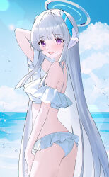 Rule 34 | 1girl, absurdres, bare shoulders, bikini, blue archive, blue sky, blush, breasts, cloud, frilled bikini, frills, grey hair, halo, headgear, highres, long hair, looking at viewer, mechanical halo, medium breasts, noa (blue archive), ocean, open mouth, outdoors, purple eyes, sky, smile, solo, swimsuit, usagi (786113654), white halo