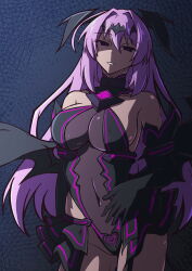 Rule 34 | 1girl, absurdres, aoi tabane, bare shoulders, black gloves, breasts, cleavage, corruption, covered navel, dark persona, elbow gloves, empty eyes, evil smile, gloves, hair ornament, highres, katsuragi marina, kouyoku senki exs-tia, large breasts, leotard, liberator (kouyoku senki exs-tia), long hair, looking at viewer, mind control, pubic tattoo, purple eyes, purple hair, see-through clothes, skirt, smile, solo, tattoo, wings