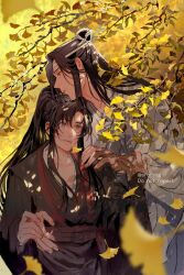 Rule 34 | 2boys, autumn leaves, black hair, black hanfu, blurry, blurry foreground, branch, brown eyes, chinese clothes, collarbone, couple, dappled sunlight, day, depth of field, falling leaves, ginkgo leaf, hand on another&#039;s arm, hand on another&#039;s shoulder, hand on another&#039;s waist, hand up, hanfu, headband, height difference, high ponytail, highres, hug, lan wangji, leaf, leaf in mouth, long hair, long sleeves, looking at another, looking to the side, male focus, modao zushi, mouth hold, multiple boys, outdoors, parted bangs, parted lips, ponytail, profile, red sash, robe, sash, shadow, sidelocks, sleeves past wrists, smile, srofsog, standing, sunlight, topknot, tree, twitter username, upper body, wei wuxian, white hanfu, white headband, wide sleeves, yaoi, yellow eyes