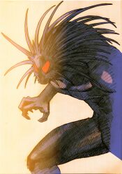 1boy absurdres angry bengus blackheart_(marvel) capcom clawed_hands colored_skin facing_to_the_side fighting_stance game_cg glowing glowing_eyes highres long_hair long_tail male_focus marvel marvel_vs._capcom marvel_vs._capcom_2 muscular non-web_source official_art pectorals red_eyes scan sidelighting solo tail