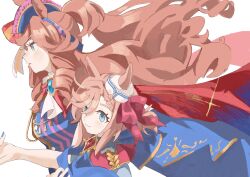 2girls animal_ears bicorne blue_eyeliner blue_eyes bow brown_hair dixie_cup_hat ear_bow ears_through_headwear eyeliner from_side hair_bow hairband hat highres horse_ears horse_girl long_hair looking_ahead makeup military_hat montjeu_(umamusume) multiple_girls simple_background striped_clothes striped_hairband tilted_headwear umamusume ummsm_88 upper_body venus_paques_(umamusume) white_background