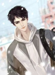 Rule 34 | 1boy, asian, backpack, bag, black bag, black hair, blue sky, blurry, blurry background, building, closed mouth, day, depth of field, dutch angle, grey eyes, grey jacket, happy, hood, hood down, hoodie, jacket, jiang cheng (sa ye), long sleeves, male focus, multicolored jacket, outdoors, pink lips, power lines, realistic, sa ye, short hair, sky, smile, snowing, solo, thick eyebrows, thick lips, two-tone jacket, upper body, white hoodie, white jacket, winter, ye dian pikaqiu