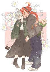 2girls ahoge artist_name bag blush boots bouquet closed_eyes coat flower grey_eyes gundam gundam_suisei_no_majo hairband highres holding holding_bag holding_bouquet holding_hands interlocked_fingers jacket kiss kissing_cheek long_hair miorine_rembran multiple_girls pants ponytail red_hair scrunchie shoes simple_background skirt smile suletta_mercury utai_yumi white_background white_hair yuri