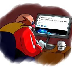 Rule 34 | 1boy, bald, clarissa arts, computer, computer keyboard, cup, dr. eggman, facial hair, glasses, gloves, highres, male focus, monitor, mug, mustache, panasonic corporation, solo, sonic (series), sonic the hedgehog, sonic the hedgehog (classic), teeth, white gloves