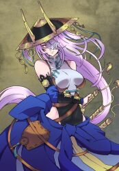 Rule 34 | 1girl, arm at side, armband, bare hips, bare shoulders, belt, belt pouch, black arm warmers, black armband, black dress, black hat, blue dress, brown belt, china dress, chinese clothes, dress, duel monster, facing to the side, fake horns, fleurdelis (yu-gi-oh!), hair over one eye, hand on weapon, hat, highres, holding, holding sheath, holding sword, holding weapon, horned hat, horned headwear, horns, jingasa, long hair, looking to the side, multiple weapons, ofuda, ofuda on head, one eye covered, pouch, purple eyes, purple hair, scabbard, sheath, sword, the iris swordsoul, turning head, two-tone dress, weapon, white dress, wind, y shiku, yellow background, yu-gi-oh!