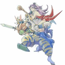 2boys 2girls angela_(seiken_densetsu_3) animal_ears animal_print armor bare_shoulders barefoot black_gloves blonde_hair blue_dress boots breasts brown_hair dress duran_(seiken_densetsu_3) faerie_(seiken_densetsu_3) fairy fairy_wings full_body furry furry_male gloves green_helmet helmet high_ponytail holding holding_staff holding_sword holding_weapon kevin_(seiken_densetsu_3) long_hair medium_breasts michibata_65 multiple_boys multiple_girls open_mouth pants parted_bangs pointy_ears ponytail print_pants print_vest purple_hair red_dress sash seiken_densetsu seiken_densetsu_3 sharp_teeth sharp_toenails shoulder_armor sideboob sidelocks staff sweatdrop sword tail teeth tiger_print toenails v-shaped_eyebrows vest waist_sash weapon white_background wings wolf_boy wolf_ears wolf_tail yellow_pants yellow_vest